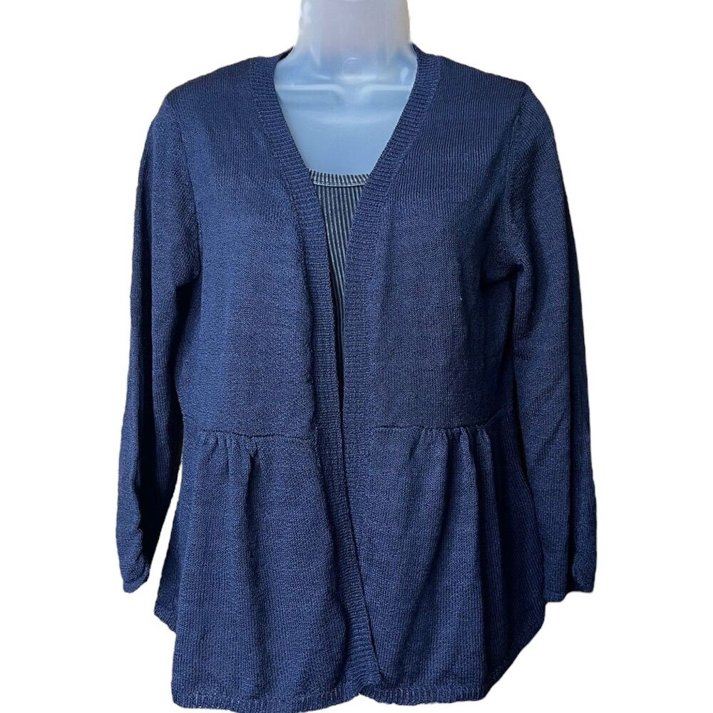 Cato Navy Blue Open Front Peplum Cardigan Sweater Long Sleeve Sz M Twee Academia